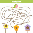 Maze game: animals theme. Help bird find birdhouse. Activity for children and kids