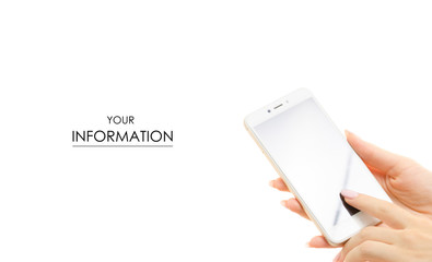 Mobile phone smartphone in female hands pattern on white background isolation
