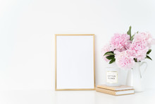 Elegant Gold Portrait A4 Frame Mock Up With A Pink Peonies In White Jug. Overlay Your Quote, Promotion, Headline, Or Design, Great For Small Businesses, Lifestyle Bloggers And Social Media Campaigns