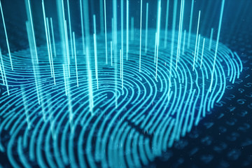 Poster - 3D illustration Fingerprint scan provides security access with biometrics identification. Concept Fingerprint protection. Finger print with binary code. Concept of digital security