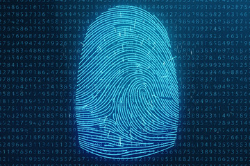 Poster - 3D illustration Fingerprint scan provides security access with biometrics identification. Concept Fingerprint protection. Finger print with binary code. Concept of digital security