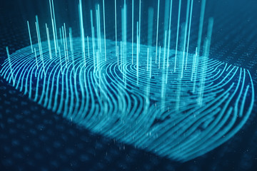 Poster - 3D illustration Fingerprint scan provides security access with biometrics identification. Concept Fingerprint protection. Finger print with binary code. Concept of digital security