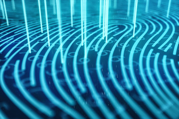 Poster - 3D illustration Fingerprint scan provides security access with biometrics identification. Concept Fingerprint protection. Finger print with binary code. Concept of digital security