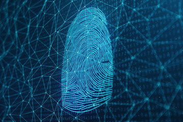 Poster - 3D illustration Fingerprint scan provides security access with biometrics identification. Concept Fingerprint protection. Finger print with binary code. Concept of digital security