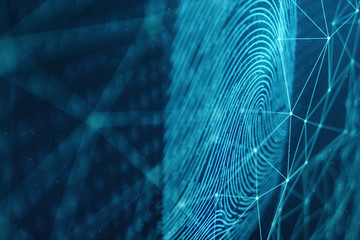 Poster - 3D illustration Fingerprint scan provides security access with biometrics identification. Concept Fingerprint protection. Finger print with binary code. Concept of digital security