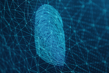 Poster - 3D illustration Fingerprint scan provides security access with biometrics identification. Concept Fingerprint protection. Finger print with binary code. Concept of digital security