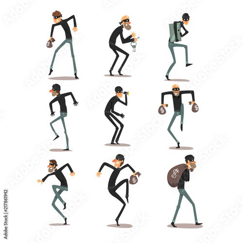 Cuadros en Lienzo Male thief in mask set, robber cartoon characters committing crimes vector Illus