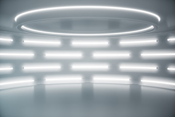 Poster - Interior white futuristic background, sci-fi interior concept. Empty interior with neon lights 3D illustration