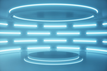 Poster - Interior blue futuristic background, sci-fi interior concept. Empty interior with neon lights 3D illustration