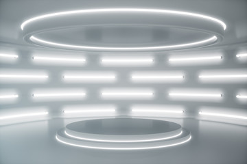 Poster - Interior white futuristic background, sci-fi interior concept. Empty interior with neon lights 3D illustration