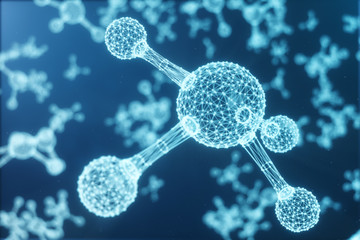Poster - Molecules, atoms bacground. Low polygoanl grid structure, connection lines and dots. 3D illustration