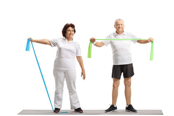 Poster - Elderly woman and an elderly man working out with rubber bands