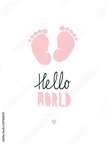 Pink Little Baby Feet Vector Illustration Hand Written Black And Pink Hello World Text Pink Heart Below Letters White Backround Baby Shower Theme Soft Abstract Design Buy This Stock Vector And