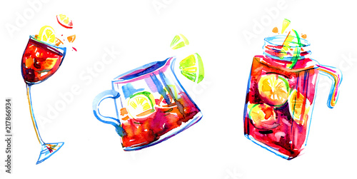 Fotografía Watercolor hand drawn expressive illustration with glasses and jars of sangria