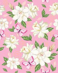 Naklejka na meble Watercolor seamless pattern with white gardenia and pink butterflies on a pink background. Perfectly suitable for drawing on fabric, wallpaper.