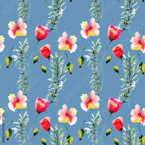 Seamless wallpaper with Stylized Poppy flowers illustration