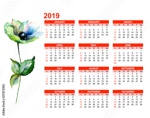 Template for calendar 2019 with Gerber flowers