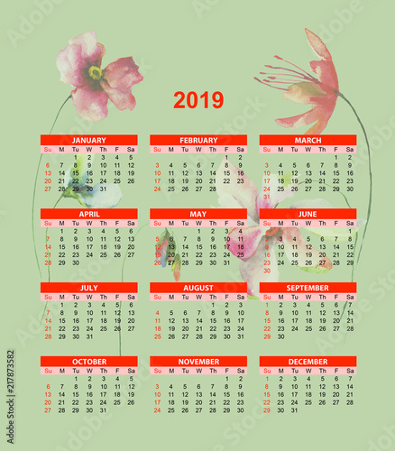 Template for calendar 2019  with original flowers