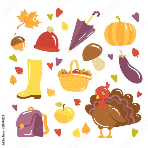 Autumn Vector Illustration With Cute Colorful Icons On White Set