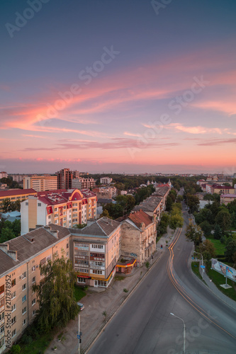 Fotografie, Obraz Aerial view in Ivano - frankivsk city street at sunset