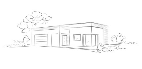 Vector linear architectural sketch modern detached house.