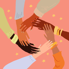 illustration of a people's hands with different skin color together holding each other. race equalit