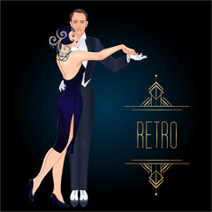 beautiful couple in art deco style dancing tango. retro fashion: glamour man and woman of twenties. 