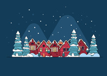 Cartoon Snow Home And Rural Cottages Set.