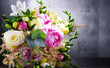 Composition with bouquet of freshly cut flowers