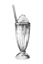 Vector Engraved Style Illustration For Posters, Decoration And Print. Hand Drawn Sketch Of Milkshake In Monochrome Isolated On White Background. Detailed Vintage Woodcut Style Drawing.