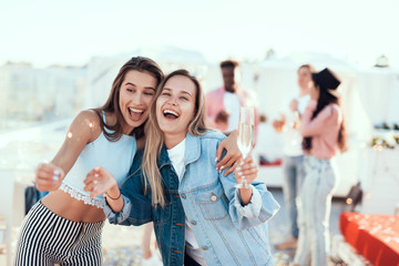 Wall Mural - Portrait of optimistic lady and beaming girl holding firework sparklers in arms during party. Friends communicating behind them