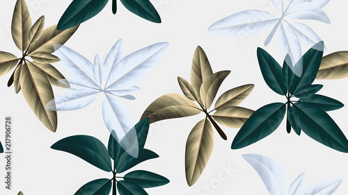 Seamless pattern, green, golden and white leaves on light grey background