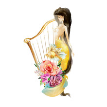 Beautiful Watercolor Mermaid With Mermaid Harp And Flowers, Floral Bouquet