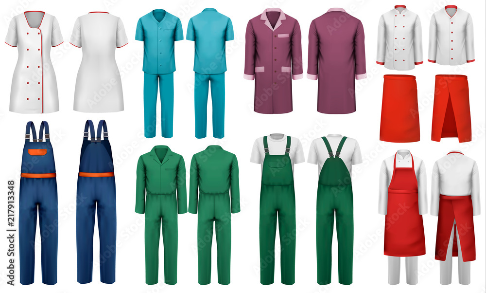 Set of overalls with worker and medical clothes. Design template. Vector illustration. - obrazy, fototapety, plakaty 