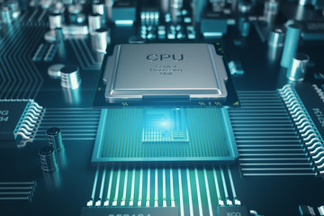 Poster - Circuit board. Technology background. Central Computer Processors CPU concept. Motherboard digital chip. Tech science background. Integrated communication processor. 3D illustration