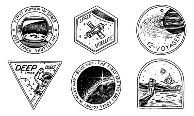 vintage space logo. exploration of the astronomical galaxy. mission astronaut or spaceman. cosmonaut