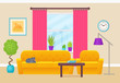Living room interior. Vector illustration. Lounge with furniture, window, cat. Home background in flat design. Cartoon house equipment.