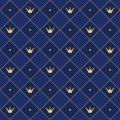 Wall Mural - Navy blue seamless pattern in retro style with a gold crown. Can be used for premium royal party. Print for cute luxury textile. Backdrop for wedding invitation. Prince and king vip style.