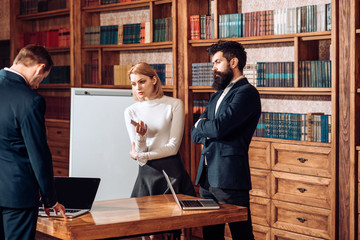 Startup concept. Men and woman discuss startup business plan. Group of people planning innovating startup company. Starting new business or startup