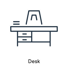 Sticker - Desk icon vector isolated on white background, Desk sign , thin symbols or lined elements in outline style