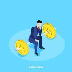 isometric image, a man in a business suit sits on a bar of gold coins