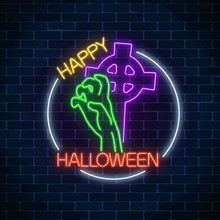 Glowing Neon Sign Of Halloween Banner Design With Bony Hand From Grave With Tombstone Cross. Bright Halloween Sign