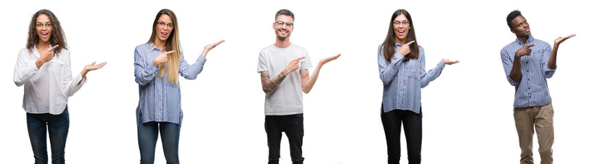 Sticker - Group and team of young business people over isolated white background amazed and smiling to the camera while presenting with hand and pointing with finger.