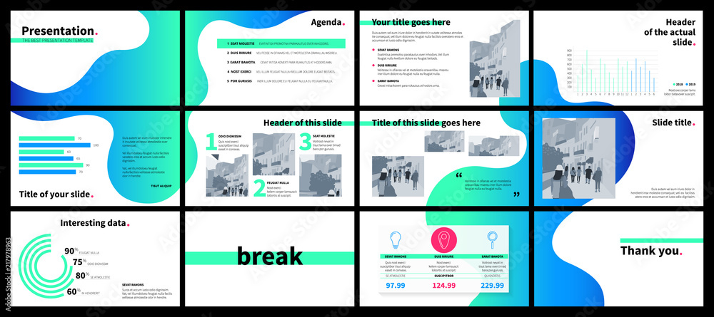 Business presentation template with green and blue gradient fluid shapes on white background. - obrazy, fototapety, plakaty 