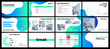 Business presentation template with green and blue gradient fluid shapes on white background.