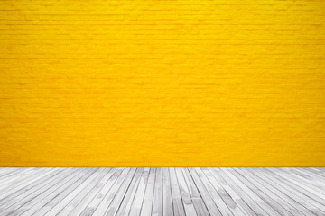 Wall Mural - yellow brick wall texture with wood floor background