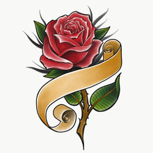 Red Rose With Banner Traditional Tattoo Design, Hand Drawn Old School Tattoo Style Roses With Ribbons Isolated On White Background.