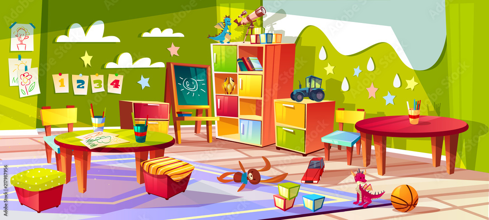 Kindergarten or kid room interior vector illustration. Empty cartoon background with child toys, tables or soft chairs and drawer boxes or pencils for drawing and painting - obrazy, fototapety, plakaty 