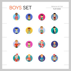 Canvas Print - Boys vector icon set. Schoolboy, fitness man, male graduate. Male character concept. Can be used for topics like education, hobby, lifestyle, activity