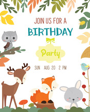 Cute Animal Autumn Theme Birthday Party Invitation Card Vector Illustration.